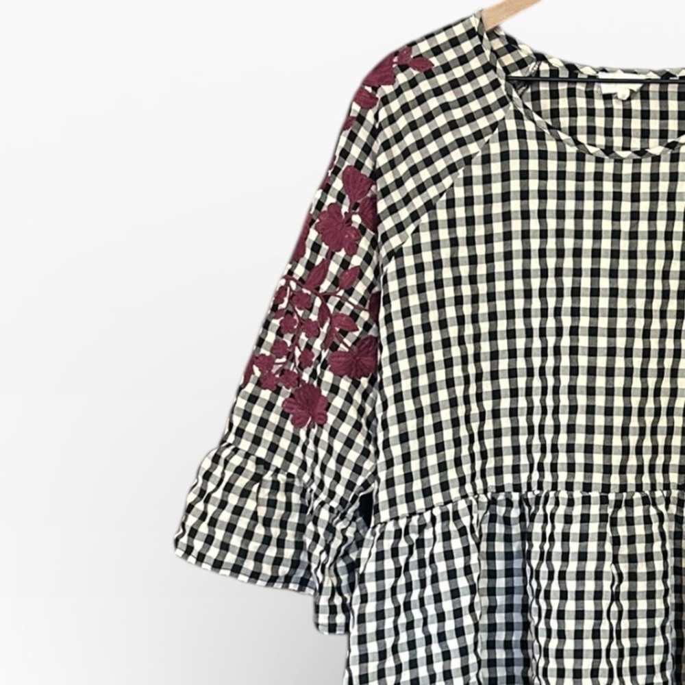 Layerz Clothing Embroidered Top Pink Black Gingham Peasant Ruffled Size XL - Picture 4 of 11